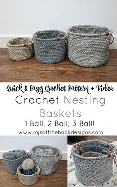 crochet nesting baskets with text overlay that says quick and easy crochet pattern