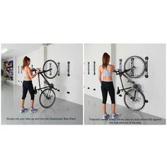 the woman is holding her bike up against the wall