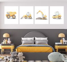 a bed room with three pictures on the wall and two stuffed animals in front of it