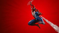 spider - man flying through the air in front of a red background