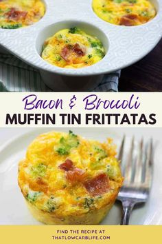 bacon and broccoli muffin in frittatas on a white plate