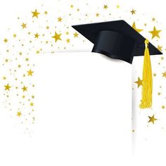 a graduation cap and tassel on top of a white paper with gold stars around it