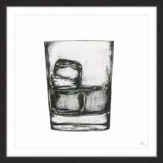 a drawing of a glass filled with ice cubes on top of a white surface