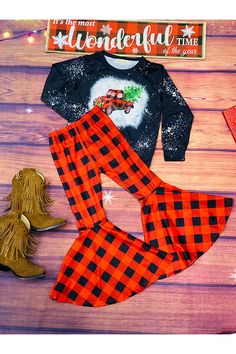 Top features red/black plaid truck with tree print on tie dye black background & long sleeve cut . Bottoms feature red/black plaid w/flares. Soft, breathable, stretchy, and comfortable fabric. Cute Christmas/western girls' outfit. Material: Polyester & Spandex. Includes: Top & Bottoms. Western Girls, Christmas Western, Western Girl, Red And Black Plaid, Tree Print, Cute Christmas, Black Plaid, Black Background, Black Backgrounds