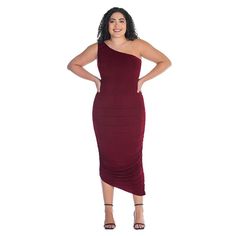 You'll love the fit & feel of this Plus Size 24Seven Comfort One-Shoulder Ruched Bodycon Dress.Click on this WOMEN'S GUIDE to find the perfect fit and more! You'll love the fit & feel of this Plus Size 24Seven Comfort Apparel One-Shoulder Ruched Bodycon Dress.Click on this WOMEN'S GUIDE to find the perfect fit and more! FEATURES Strapless neckline Sleeveless No pockets Fully linedFIT & SIZING 55 1/2-in. length from shoulder to hem Midi length hits below the knee No closure - pullover styling Bod Strapless Neckline, Ruched Bodycon Dress, Pullover Styling, Midi Length, Polyester Spandex, Gender Female, The Knee, Age Group, One Shoulder