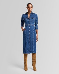 Lady Winter Denim Dress Outfit, Denim Dress Fall Outfit, Denim Dresses For Women, Loose Denim Dress, Denim Dress Fall, Jean Ideas, Luxe Dress, Denim Dress Outfit, Long Sleeve Denim Dress