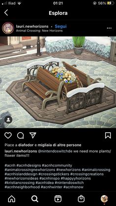 an image of a wooden bench with flowers in it on the ground and texting below