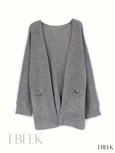 Ebeek - Womens Plus Size Casual Cardigan: Solid Bat Sleeve Open Front Cardigan with Pockets Gray Sweater With Pockets For Layering, Gray Layering Sweater With Pockets, Gray Knit Cardigan With Pockets, Gray Open Front Cardigan With Pockets, Casual Gray Open Front Cardigan, Casual Gray Open Front Sweater, Coat Collar, Cardigan With Pockets, Bat Sleeve