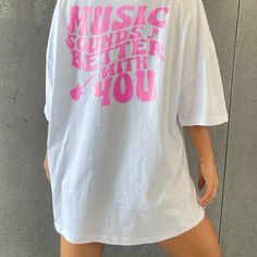 Nwt Graphic Oversized Tee Shirt. White Background Pink Guitar Design In Front “Music Sounds Better With You” Writing On Back Size Small Oversized White Print Summer Tops, Oversized White Print Top For Summer, White Oversized Tops With Letter Print, Oversized White Slogan Tops, White Slogan T-shirt Oversized, Oversized White Slogan T-shirt, Oversized White T-shirt With Letter Print, Relaxed Fit White Top With Text Print, White Drop Shoulder T-shirt For Spring