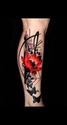 a red flower on the leg with black and white ink art work in it's center