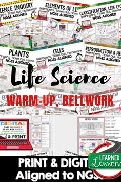 the life science warm - up and bellwork poster is shown with text that reads,