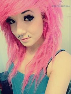 pink, angel bites, septum;) Pink Emo Hair, Pink Scene Hair, Emo Hair Color, Pink Emo, Emo And Scene, Cotton Candy Hair