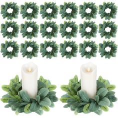 a set of twelve candles with green leaves around them and one lit candle in the middle