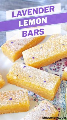 lavender lemon bars on a plate with the words lavender lemon bars in front of them