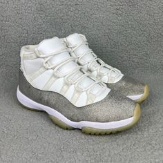 Item: Jordan 11 Retro - Vast Grey Size: Women's 8 Color: Metallic Silver/White Year: 2019 Condition: Pre-Owned, Without Box Flaws: Yellowed Soles, Discolored Lace Eyelets And Sock Lining, Minor Scratches On The Glitter, And Scuff On The Inner Side Of The Midsoles (See Photos) - Everything Is 100% Authentic - Shipped Through Usps With Tracking Confirmation - Handling Time 1-2 Business Day - Feel Free To Ask Any Questions You May Have Air Jordan 12 Retro Grey And White, Womens Jordans, Jordan 11 Retro, Retro Sneakers, Jordan 11, White Glitter, Jordan Shoes, Womens Shoes Sneakers, Metallic Silver