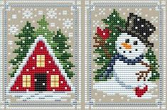 two cross stitch christmas cards with snowmen