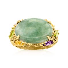 Ross-Simons - Jade, .90ct t. w. Multi-Gemstone Ring in 18kt Yellow Gold Over Sterling. Size 6. Introduce a touch of mystique into your wardrobe with this whimsical ring. At the center rests a dreamy 18x13mm oval jade cabochon, encapsulated by a leafy frame decorated with .90 ct. tot. gem wt. marquise amethysts, citrines and peridots. Crafted in 18kt yellow gold over sterling silver. 1/2" wide. Multi-gemstone and jade ring. Peridot birthstones are the perfect gift for August birthdays. Whimsical Ring, Peridot Birthstone, Multi Gemstone Ring, Peridot Stone, Emerald Pendant, Textured Ring, Citrine Stone, Jade Ring, Sterling Jewelry