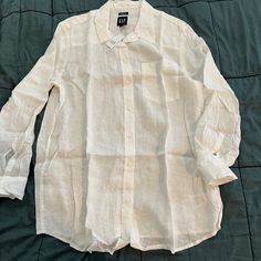 Never Worn, Tags Attached. Airy 100% Linen Shirt, Boyfriend And Oversized Fit, White, Size L. Boyfriend Shirt, Linen Shirt, Gap, Color White, The 100, Top Blouse, Blouses, Womens Tops, Tags