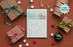 a table topped with lots of presents and wrapped in brown paper on top of a red surface