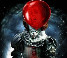 a creepy clown with a red balloon on his head