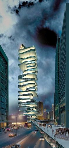 an architectural rendering of a building in the middle of a busy city street at night