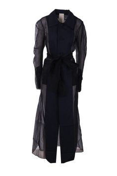 Phaédo's single-breasted overcoat crafted in black taffetà with see-through effect and blue cotton / silk insert. This model features shirt-style collar, buttons closure along front, two double-welt pockets and two welt pockets on front, deconstructed vented cuffs, belted waist, unfinished raw trims and back deconstructed side with central vent. Unlined interior. fabric 1: 70% cotton, 30% silk; fabric 2: 100% silkGender: WomenColor: BLUEMade in: ImportedProduct ID: PHA21071YCO4CLBN12*Import tax/ Black Evening Outerwear With Concealed Placket, Black Sheer Long Sleeve Outerwear, Silk Evening Outerwear With Button Closure, Elegant Nylon Outerwear For Work, Designer Black Silk Outerwear, Spring Black Sheer Outerwear, Elegant Long Sleeve Nylon Outerwear, Black Silk Outerwear For Office, Black Silk Office Outerwear