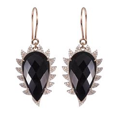 Renowned for its fierce and modern jewelry, "Meghna Jewels" highlights her signature pave diamond arches in this Claw earring. These gorgeous drop earrings are handcrafted in 18K gold, sterling silver, .93 ct pave diamonds and 32.0 ct rose cut black onyx. A fabulous way to add some subtle glamour and edge to your everyday or evening look. The Claw collection is a combination of fierce & edgy designs creating pieces that are unconventional & unique. The pieces in claw collection pull in the edginess from signature pave arches creating striking color combination to complete the final piece. Claw Earrings, Pave Diamond Earrings, Pave Jewelry, Earrings White, Earrings Black, Diamond Drops, White Earrings, Modern Earrings, Diamond Drop Earrings