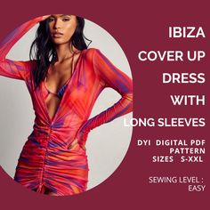 PDF Digital Sewing Pattern for Ibiza Cover Up Dress with Long Sleeves *Only Includes the digital pattern files - No tangible product is included * Purchase Includes :  Step-by Step instructions with photos sewing How to print and assemble the pattern A4 Size Print or US Letter 5 Sizes Included :  S, M, L, XL, XXL  Required materials :  -Swimwear fabric - lycra mesh, stretch mesh, lycra, Nylon Spandex or light to medium weight knits swimwear fabric with 4 way stretch  -Serger - if you don't have Cheap Printed Beachwear Cover-up, Stretch Crochet Dress For Beach Cover-up, Beachwear Crochet Maxi Dress Cover-up, Stretch Crochet Beach Cover-up Dress, Multicolor Printed Wrap Cover-up, Knit Swimwear, Swimwear Pattern, Swimwear Cover, Cover Up Dress