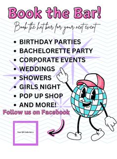 a birthday party flyer with the words, book the bar and an image of a cartoon character