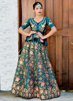 Buy Now Teal Blue Color Designer Ethinc Wear Lehenga Choli | Shreedesignsnx Peplum Pattern, Long Choli Lehenga, Lehenga Choli Wedding, Green Lehenga