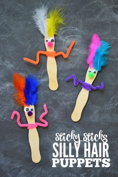 three sticks with colorful hair on them and the words silly hair puppets written in white