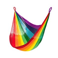 a rainbow colored hammock hanging on a white background