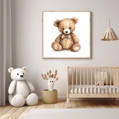 a baby's room with a teddy bear and crib