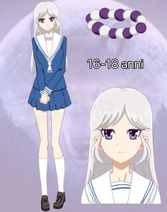 an anime character with long white hair and purple eyes