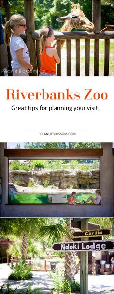 the riverbank zoo sign is shown with children looking out over the water and in front of