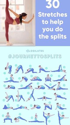 a woman doing yoga poses with the words 30 stretches to help you do the splits