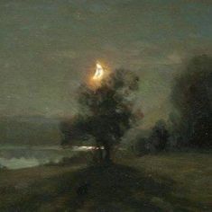 an oil painting of trees and water at night with the moon in the sky above