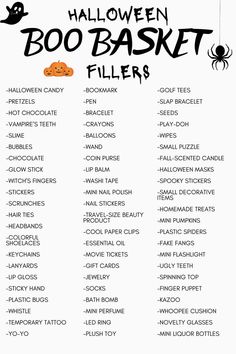 the halloween boo - basket fillers list is shown in black and white with an orange spider