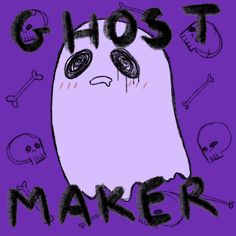 the ghost maker is drawn in black ink on a purple background with skulls and bones