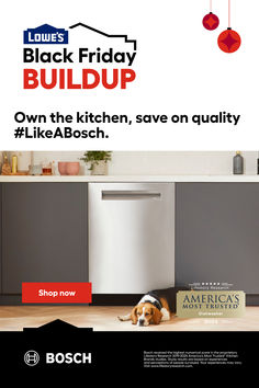 a dog laying on the floor next to a dishwasher in a kitchen with black friday buildup