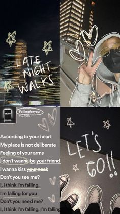 a collage of photos with the words late night walks written in chalk on them