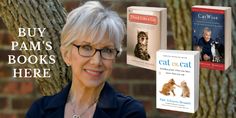 a woman standing next to a tree with two books on it and the caption, buy pam's books here