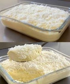 two images show how to make an entree in a casserole dish with cheese and parmesan