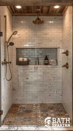 a walk in shower sitting next to a white tiled wall and wooden ceiling above it