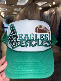 Handmade & designed football inspired Trucker Hat Football Season Sports Fan Cap, Sports Fan Cap For Football Season, Game Day Cap For Football Season, Sports Fan Trucker Hat With Visor, Green Cap For Game Day, Sports Fan Visor Hat For Game Day, Sports Fan Hats For Football Season Game Day, Sports Cap For Football Season, Green Visor Trucker Hat For Sports Events