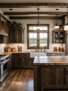 a kitchen with wooden cabinets and an island in front of the stove top oven is shown