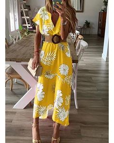 Summer Holiday V-neck Sundress, Spring Holiday A-line Dress, Summer A-line Maxi Dress For Beach Season, Spring Beach A-line Maxi Dress, Yellow Floral Print Vacation Dress, Casual A-line Dress For Beach Season, Casual Midi Dress For Holiday, Casual Maxi Dress For Holiday Vacation, Casual Maxi Dress For Vacation Holiday