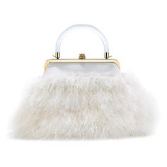 The Poppy is featured in Cloudy White Ostrich Feathers and Wedding White Satin. This soft pouch is designed with our custom half-metal frame and Pinecone Closure. It fits the large iPhone, has an optional gold chain, a Lucite top handle and features our signature Thayer Blue lining. Size: Small Dimensions: 10" wide x 6" high (Top Handle 3" high) x 5" deep Hardware: Gold Interior/Lining: Satin Feather Purse, Anniversary Books, Canvas Purse, Structured Bag, Louis Vuitton Speedy 30, Gucci Tote, Pewter Grey, Gold Interior, Wedding White