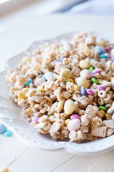 a white plate topped with cereal and candy