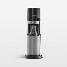 a black and silver coffee maker on a white background